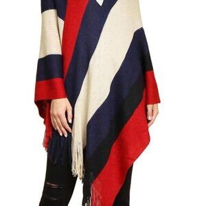 Classic Soft Knit Poncho Shawl Wrap - Winter Warm Fringe Tassel Colorblock Sweat